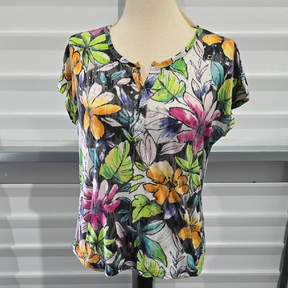 Onque Casuals‎ Pink and Orange Floral Blouse Short Sleeve
